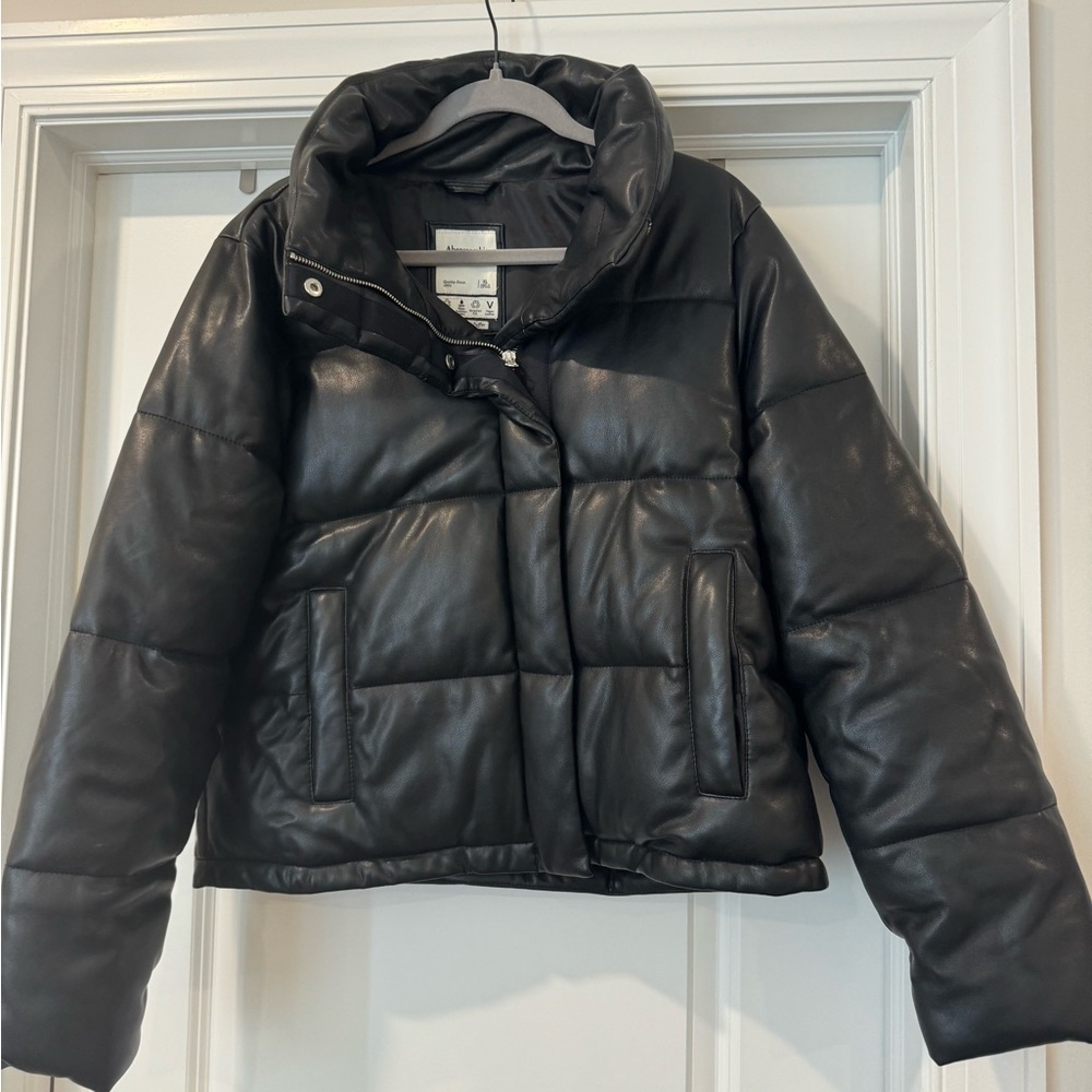 Abercrombie & Fitch Black Leather Mini Puffer Jacket
